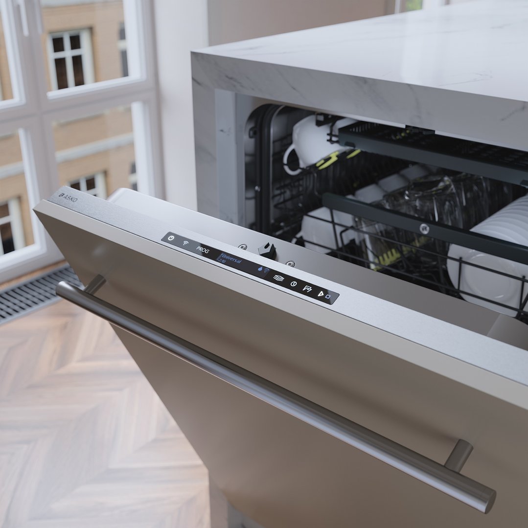 Open dishwasher with dishes inside, in a modern kitchen setting