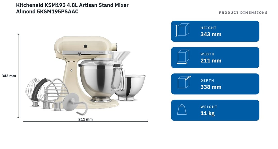 Kitchenaid KSM195 4.8L Artisan Stand Mixer Almond 5KSM195PSAAC — product dimensions