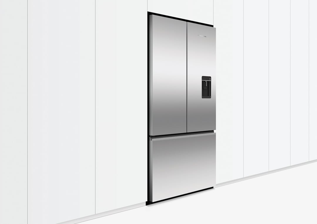 Stainless steel French door refrigerator freezer with ice and water dispenser