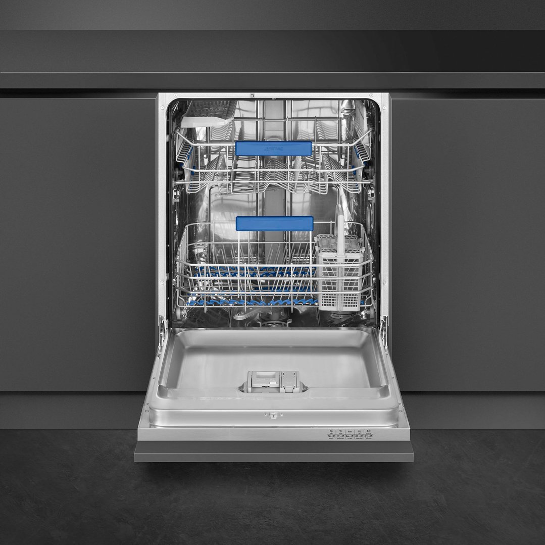 Stainless steel dishwasher with door open, showing interior racks and controls