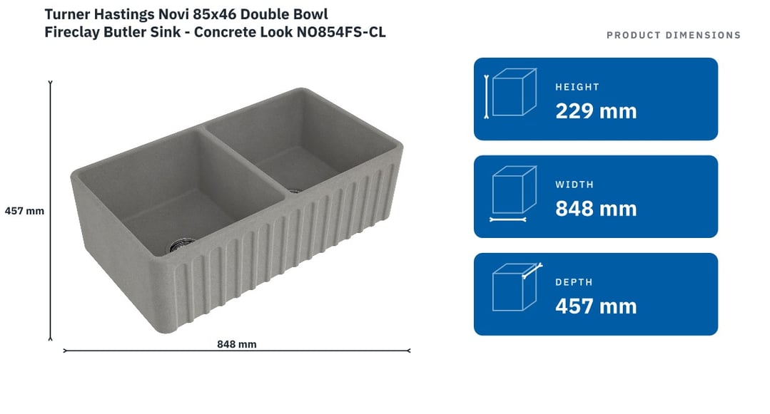 Turner Hastings Novi 85x46 Double Bowl Fireclay Butler Sink - Concrete Look NO854FS-CL — product dimensions