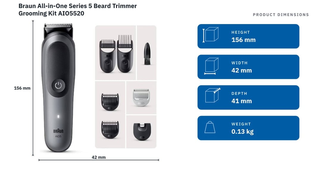 Braun All-in-One Series 5 Beard Trimmer Grooming Kit AIO5520 — product dimensions