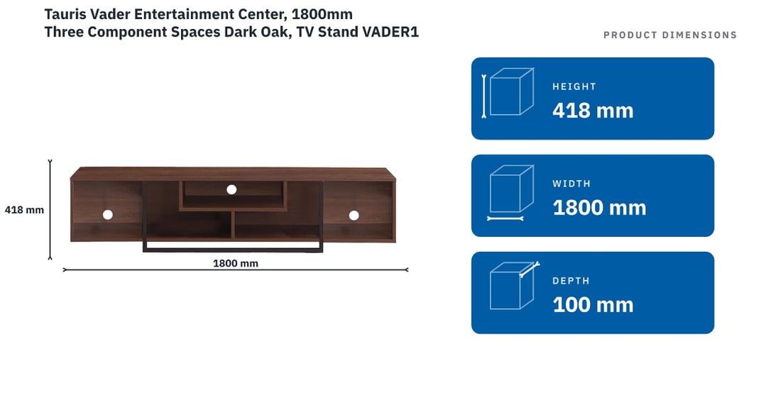 Tauris Vader Entertainment Center, 1800mm Three Component Spaces Dark Oak, TV Stand VADER1800DO — product dimensions