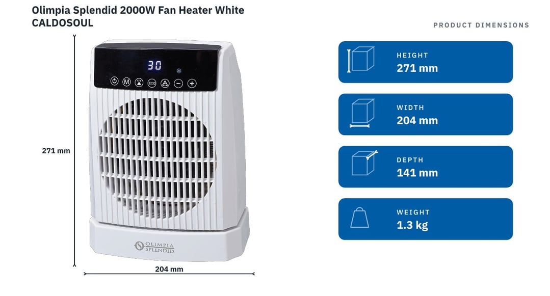 Olimpia Splendid 2000W Fan Heater White CALDOSOUL — product dimensions
