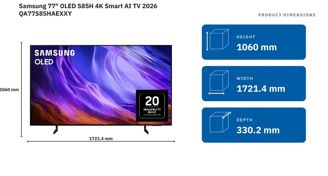 Samsung 77" OLED S85H 4K Smart AI TV 2026 QA77S85HAEXXY — product dimensions