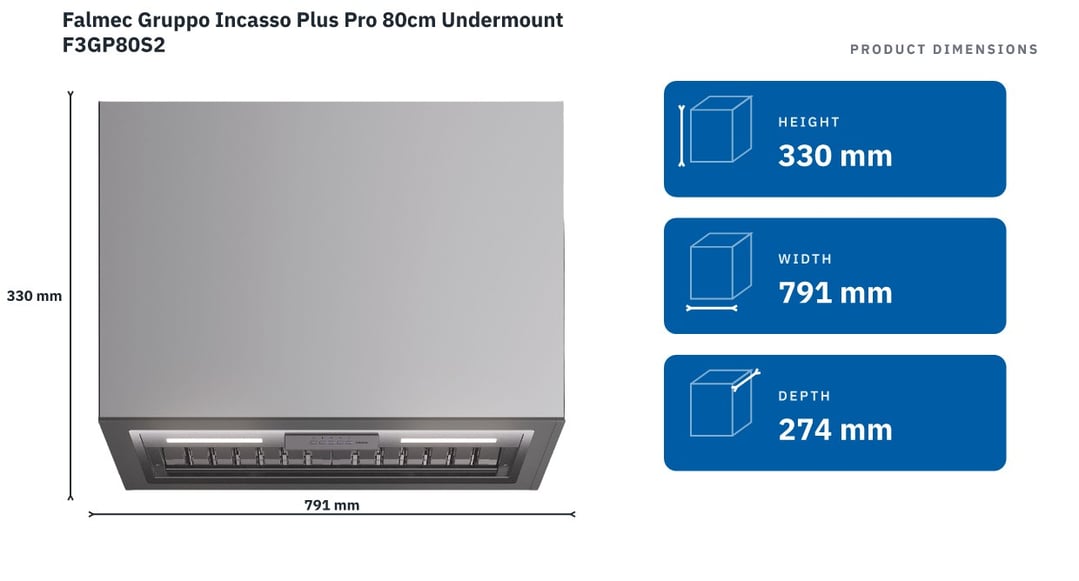 Falmec Gruppo Incasso Plus Pro 80cm Undermount F3GP80S2 — product dimensions