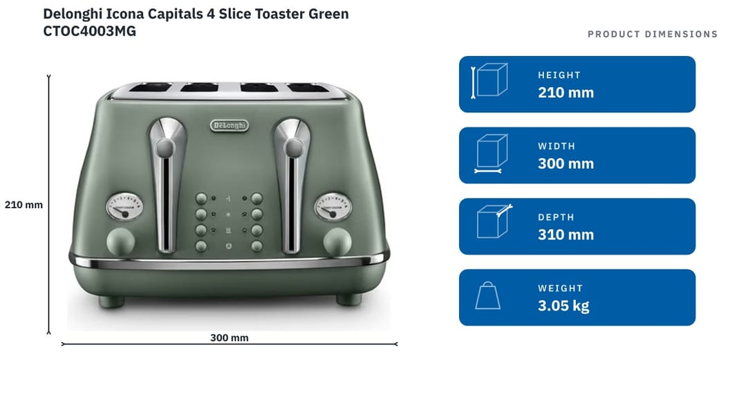 Delonghi Icona Capitals 4 Slice Toaster Green CTOC4003MG — product dimensions