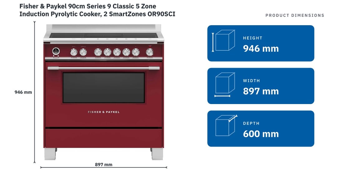 Fisher & Paykel 90cm Series 9 Classic 5 Zone Induction Pyrolytic Cooker, 2 SmartZones OR90SCI6R1 — product dimensions