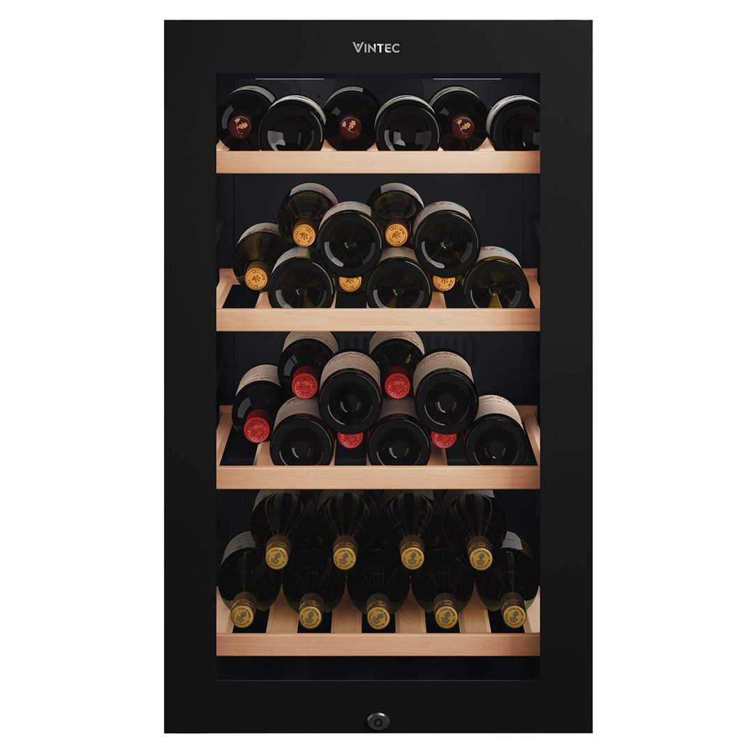 Black Vintec wine cabinet with multiple shelves of wine bottles