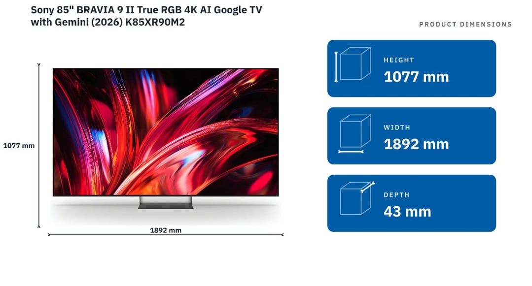 Sony 85" BRAVIA 9 II True RGB 4K AI Google TV with Gemini (2026) K85XR90M2 — product dimensions