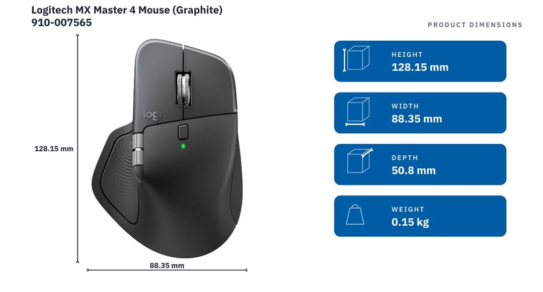 Logitech MX Master 4 Mouse (Graphite) 910-007565 — product dimensions