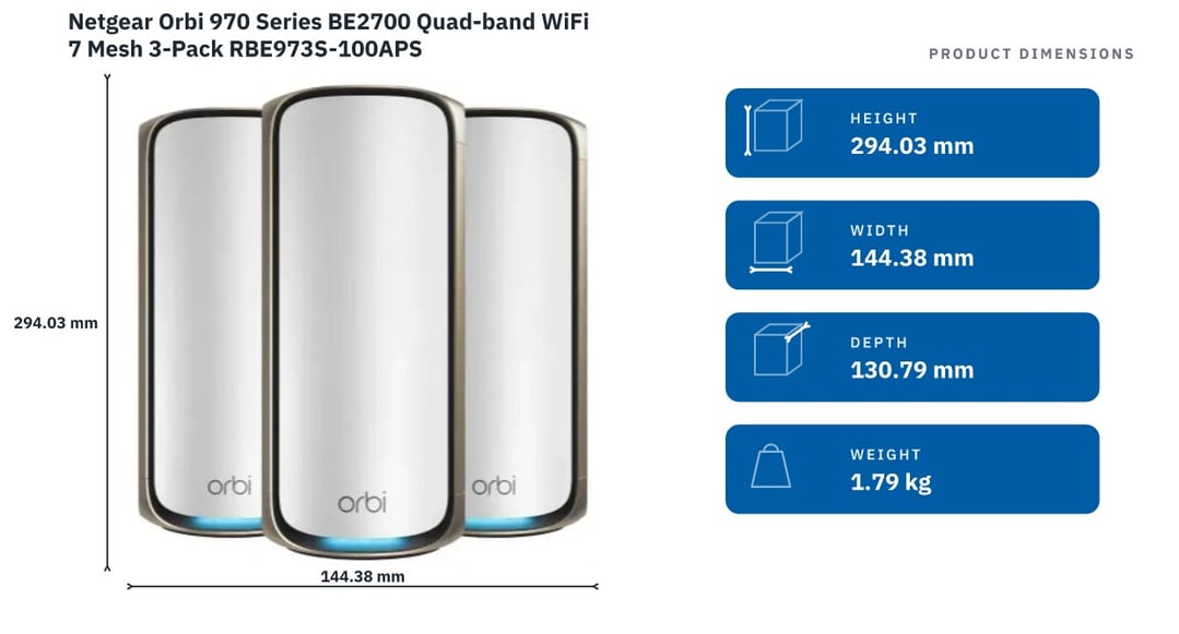 Netgear Orbi 970 Series BE2700 Quad-band WiFi 7 Mesh 3-Pack RBE973S-100APS — product dimensions