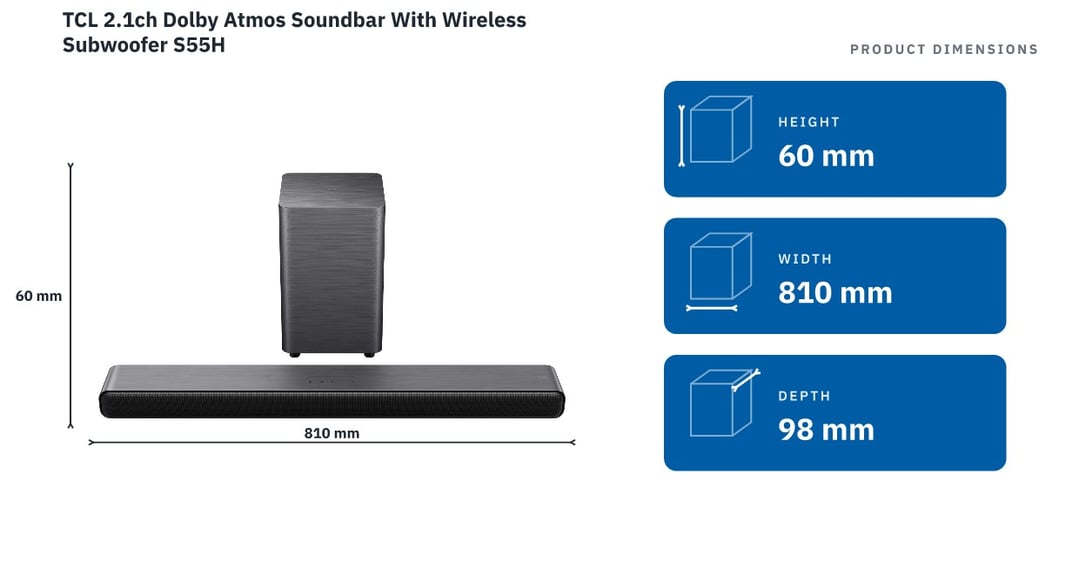 TCL 2.1ch Dolby Atmos Soundbar With Wireless Subwoofer S55H
