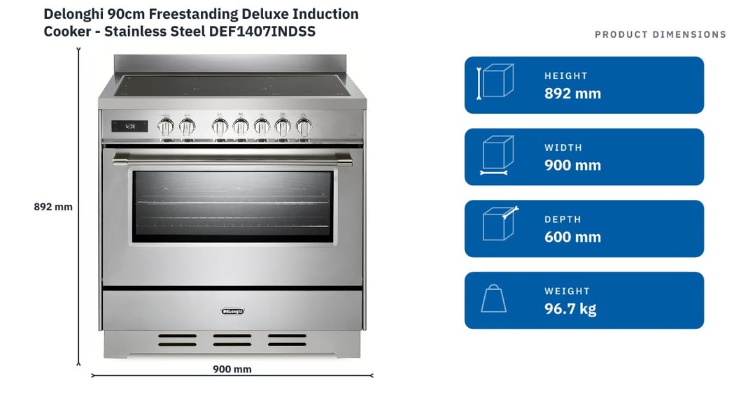 Delonghi 90cm Freestanding Deluxe Induction Cooker - Stainless Steel DEF1407INDSS