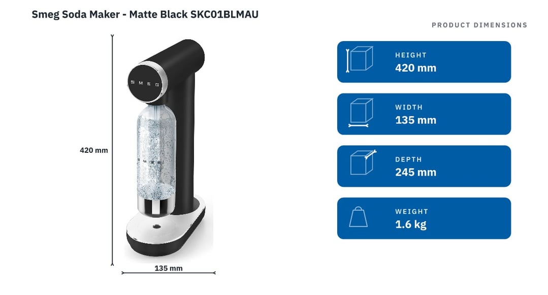 Smeg Soda Maker - Matte Black SKC01BLMAU — product dimensions