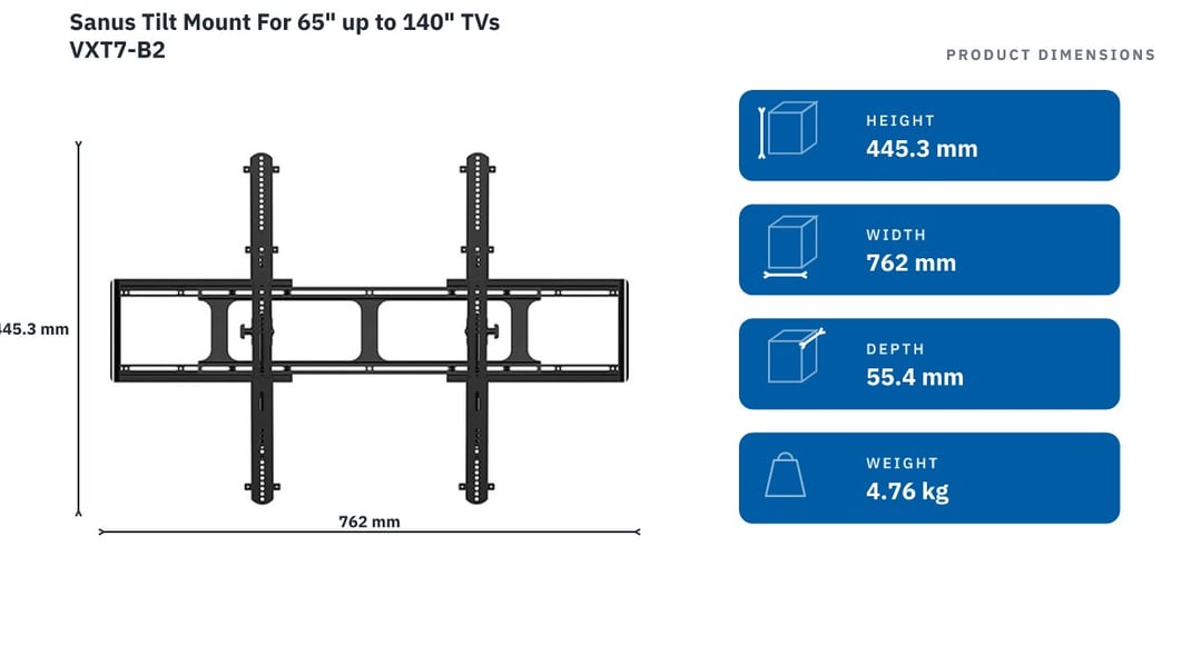 Sanus Tilt Mount For 65" up to 140" TVs VXT7-B2 — product dimensions