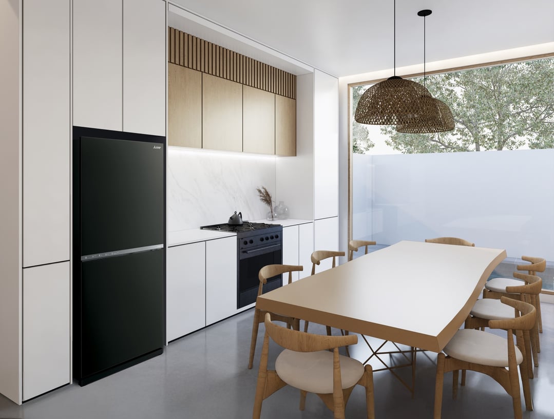 Matte black bottom mount fridge in a modern kitchen and dining area