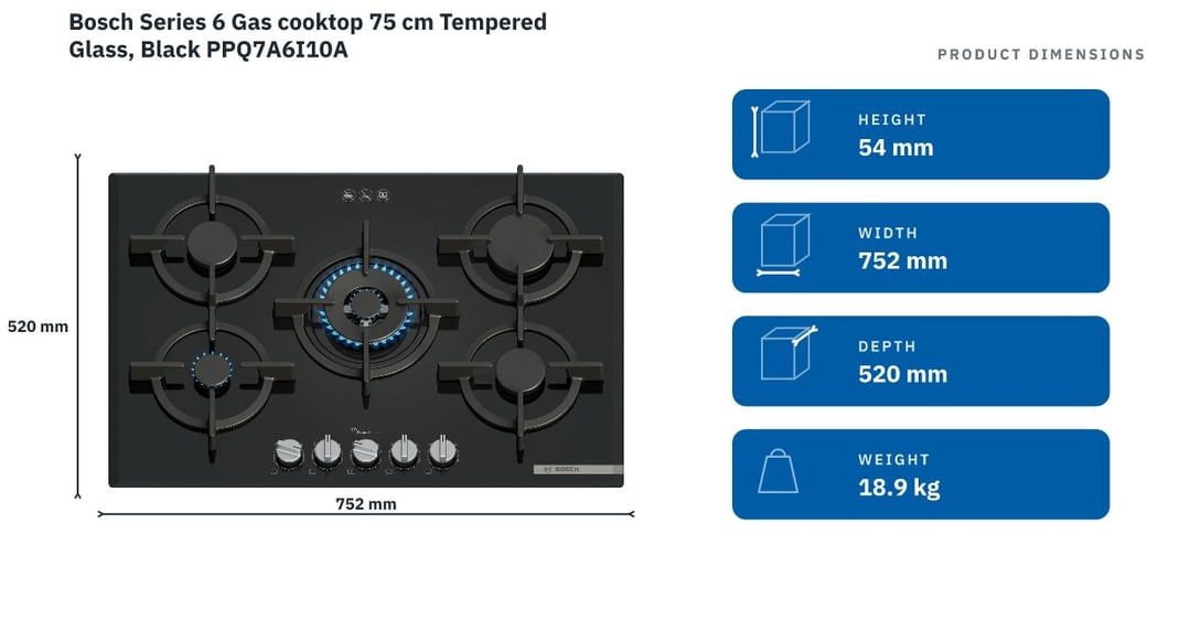 Bosch Series 6 Gas cooktop 75 cm Tempered Glass, Black PPQ7A6I10A