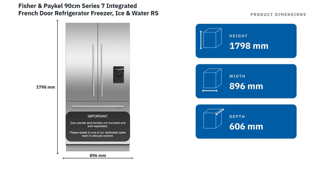 Fisher & Paykel 90cm Series 7 Integrated French Door Refrigerator Freezer, Ice & Water RS90AU1