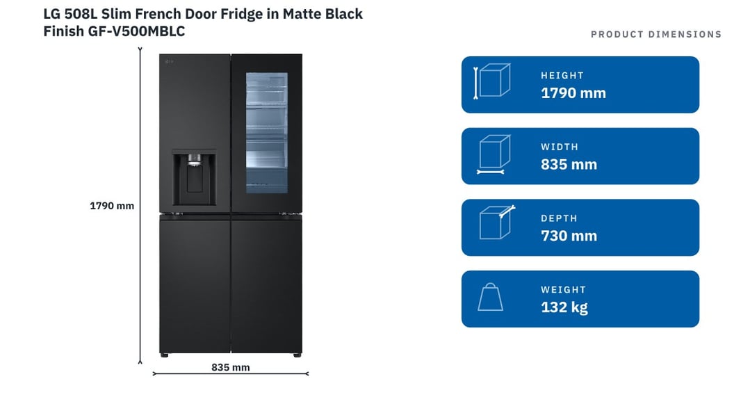 LG 508L Slim French Door Fridge in Matte Black Finish GF-V500MBLC — product dimensions