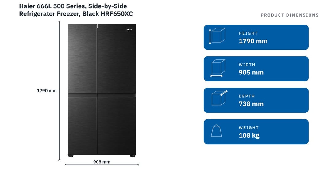 Haier 666L 500 Series, Side-by-Side Refrigerator Freezer, Black HRF650XC — product dimensions