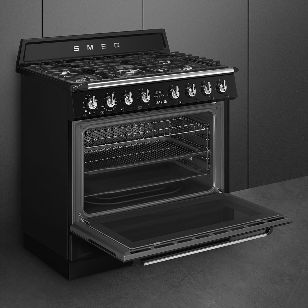 Smeg 90cm Victoria Dual Fuel Pyro Freestanding Cooker - Black TRA90GPBL