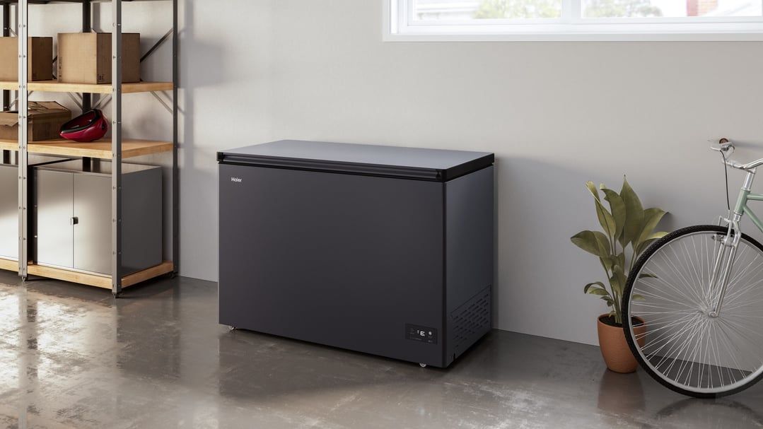 Haier chest freezer in a garage with shelving, bicycle, and plant