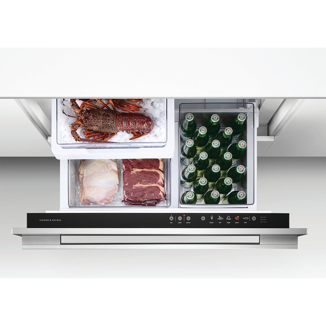 Open CoolDrawer multi-temperature drawer with lobster, meat, and beer bottles