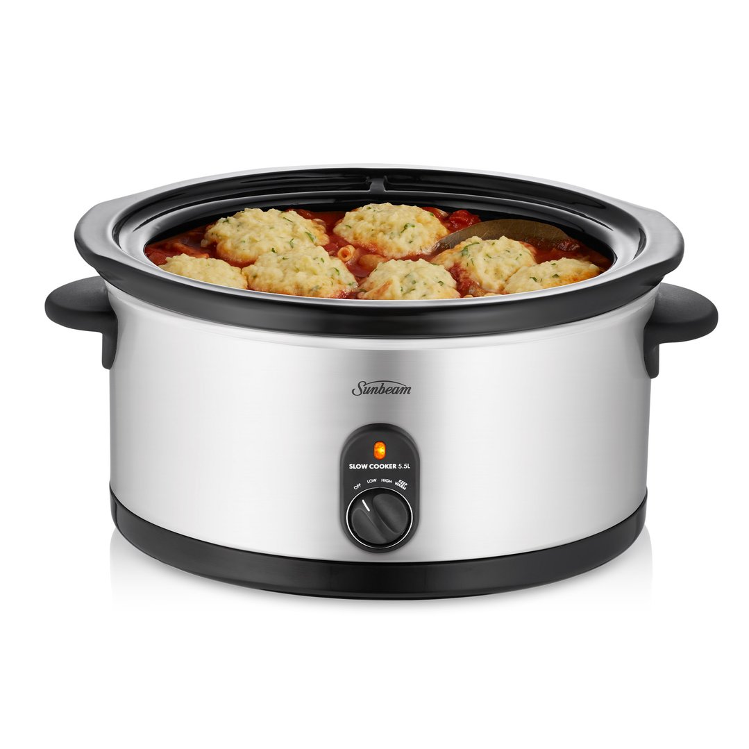 Sunbeam Slow Cooker 5.5L filled with stew and dumplings on a white background
