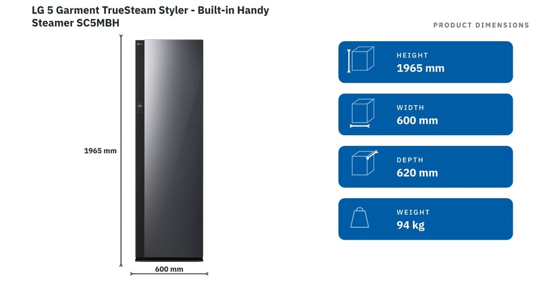 LG 5 Garment TrueSteam Styler - Built-in Handy Steamer SC5MBH — product dimensions