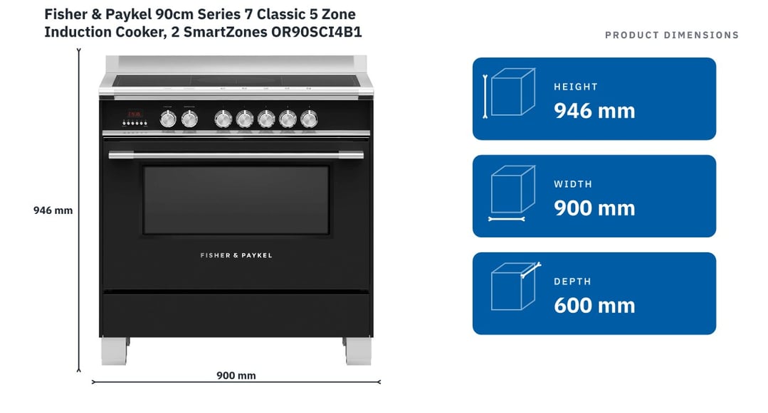 Fisher & Paykel 90cm Series 7 Classic 5 Zone Induction Cooker, 2 SmartZones OR90SCI4B1 — product dimensions