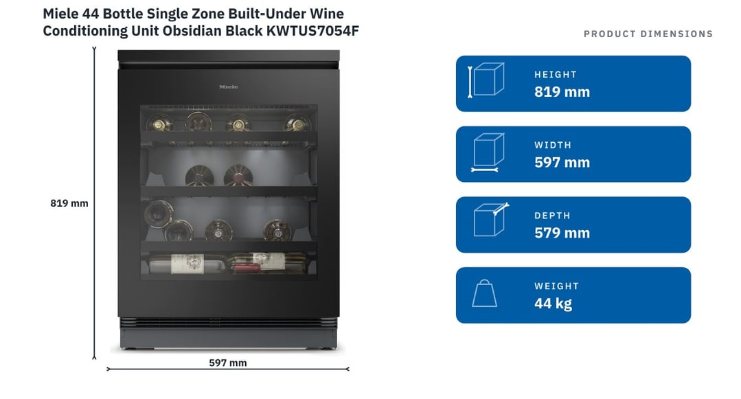 Miele 44 Bottle Single Zone Built-Under Wine Conditioning Unit Obsidian Black KWTUS7054F — product dimensions