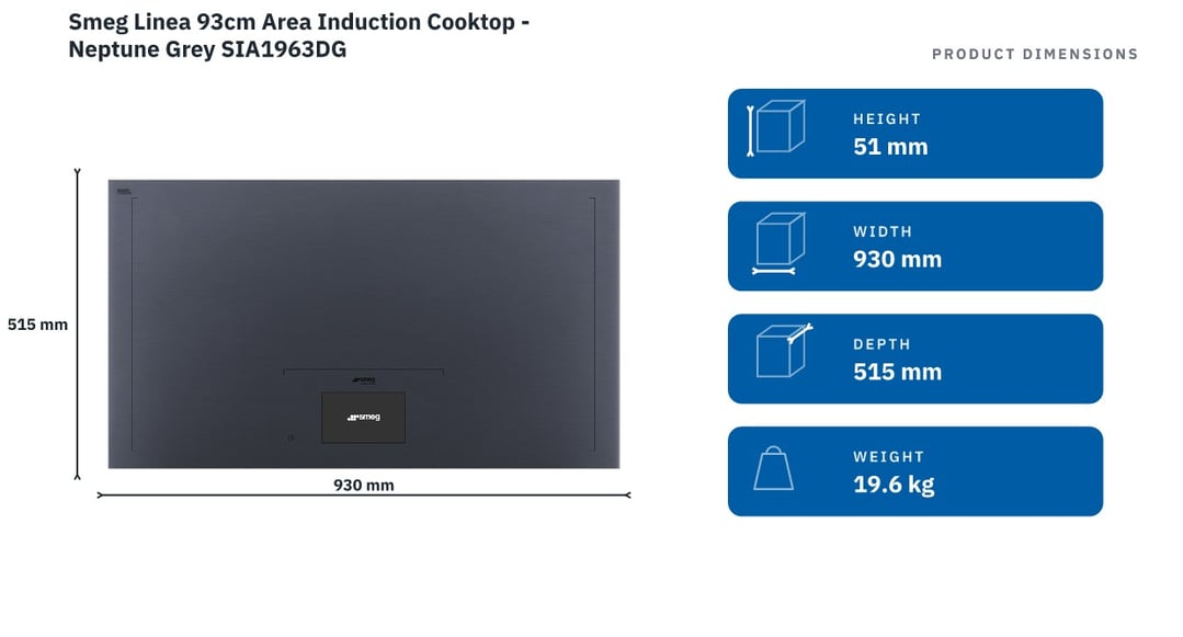 Smeg Linea 93cm Area Induction Cooktop - Neptune Grey SIA1963DG — product dimensions
