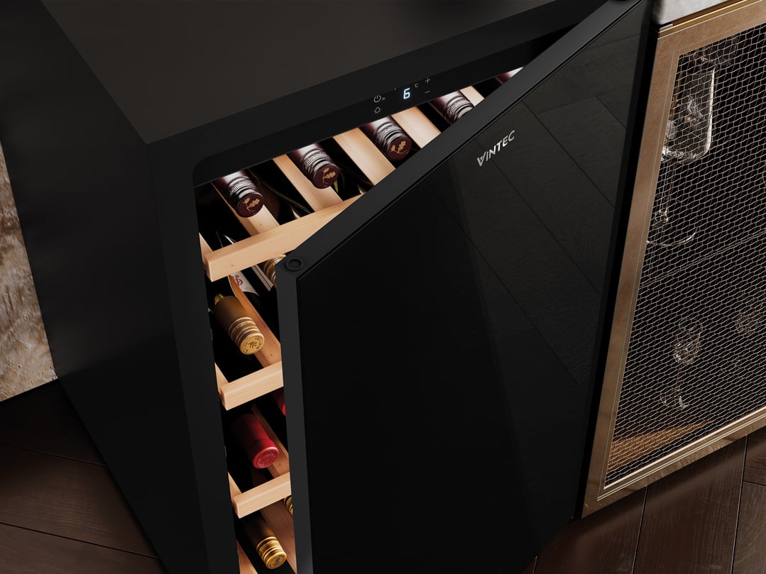 Black wine cabinet with door ajar, showing wine bottles on wooden shelves