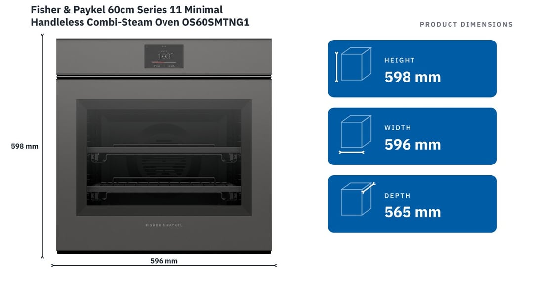 Fisher & Paykel 60cm Series 11 Minimal Handleless Combi-Steam Oven OS60SMTNG1 — product dimensions