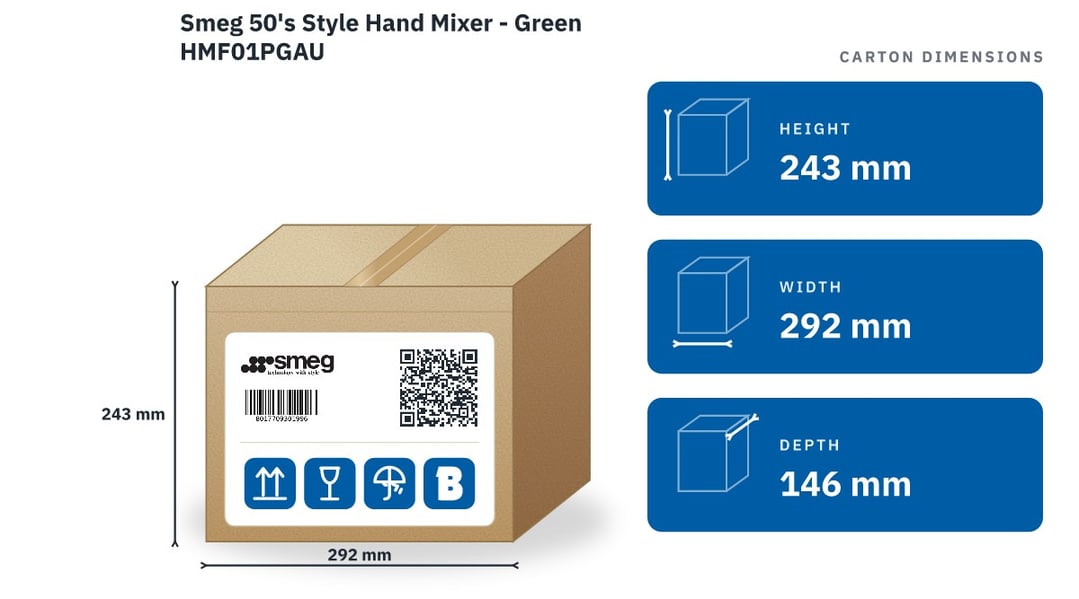 Smeg 50's Style Hand Mixer - Green HMF01PGAU — packaged dimensions