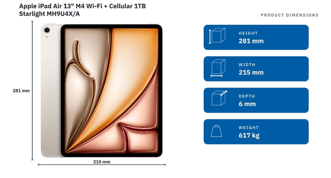 Apple iPad Air 13" M4 Wi-Fi + Cellular 1TB Starlight MH9U4X/A — product dimensions