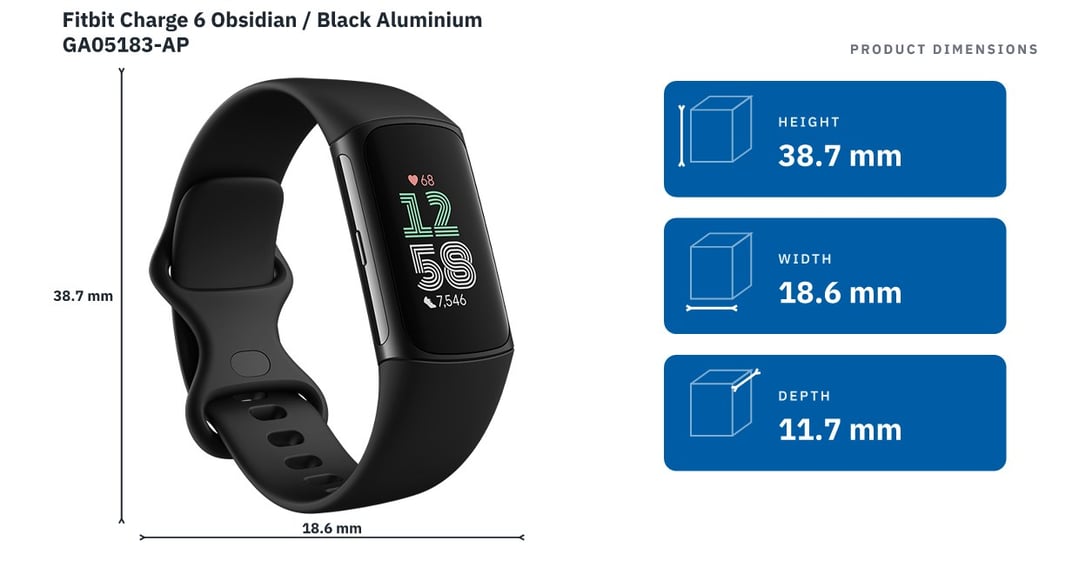 Fitbit Charge 6 Obsidian / Black Aluminium GA05183-AP — product dimensions
