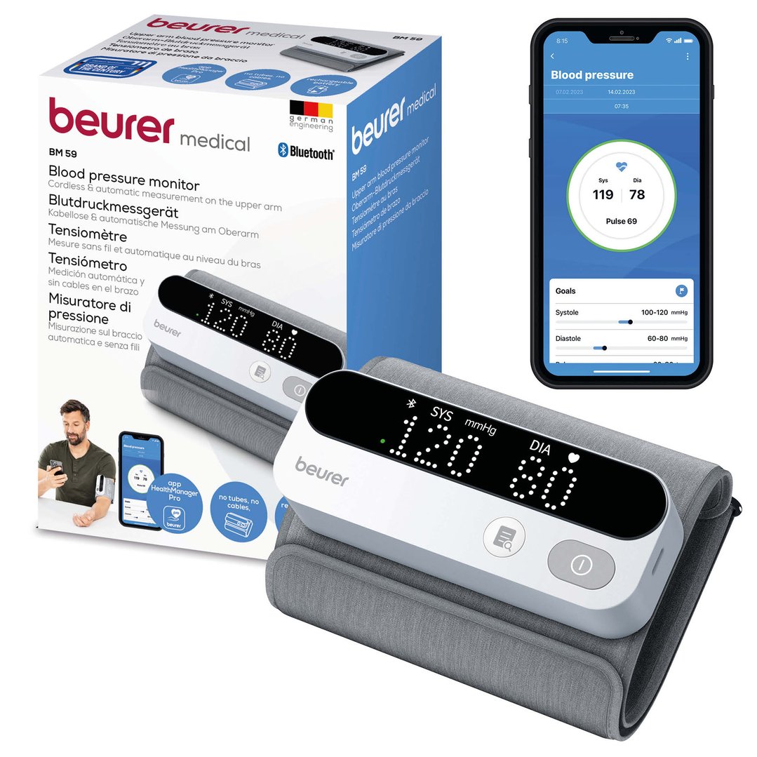 Upper arm blood pressure monitor with packaging and app interface on a phone