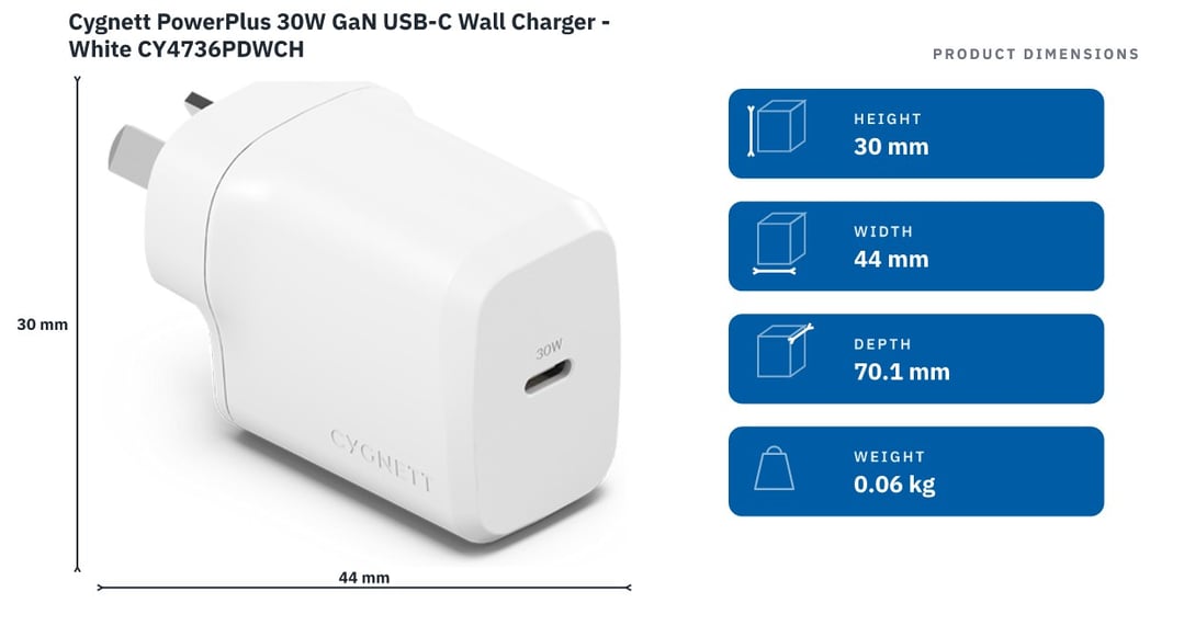 Cygnett PowerPlus 30W GaN USB-C Wall Charger - White CY4736PDWCH — product dimensions