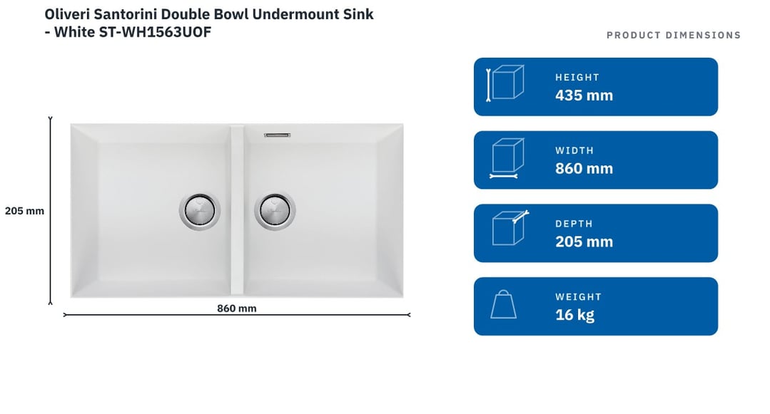 Oliveri Santorini Double Bowl Undermount Sink - White ST-WH1563UOF — product dimensions