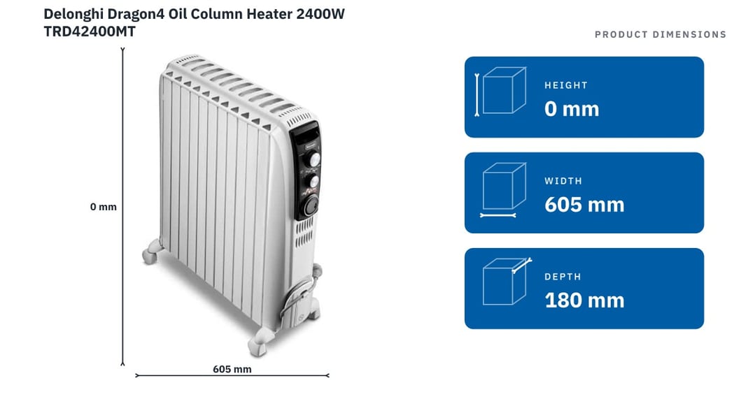 Delonghi Dragon4 Oil Column Heater 2400W TRD42400MT — product dimensions