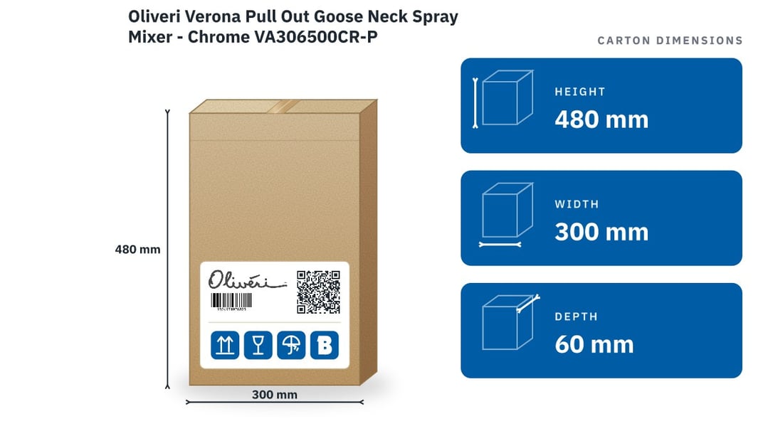 Oliveri Verona Pull Out Goose Neck Spray Mixer - Chrome VA306500CR-P — packaged dimensions