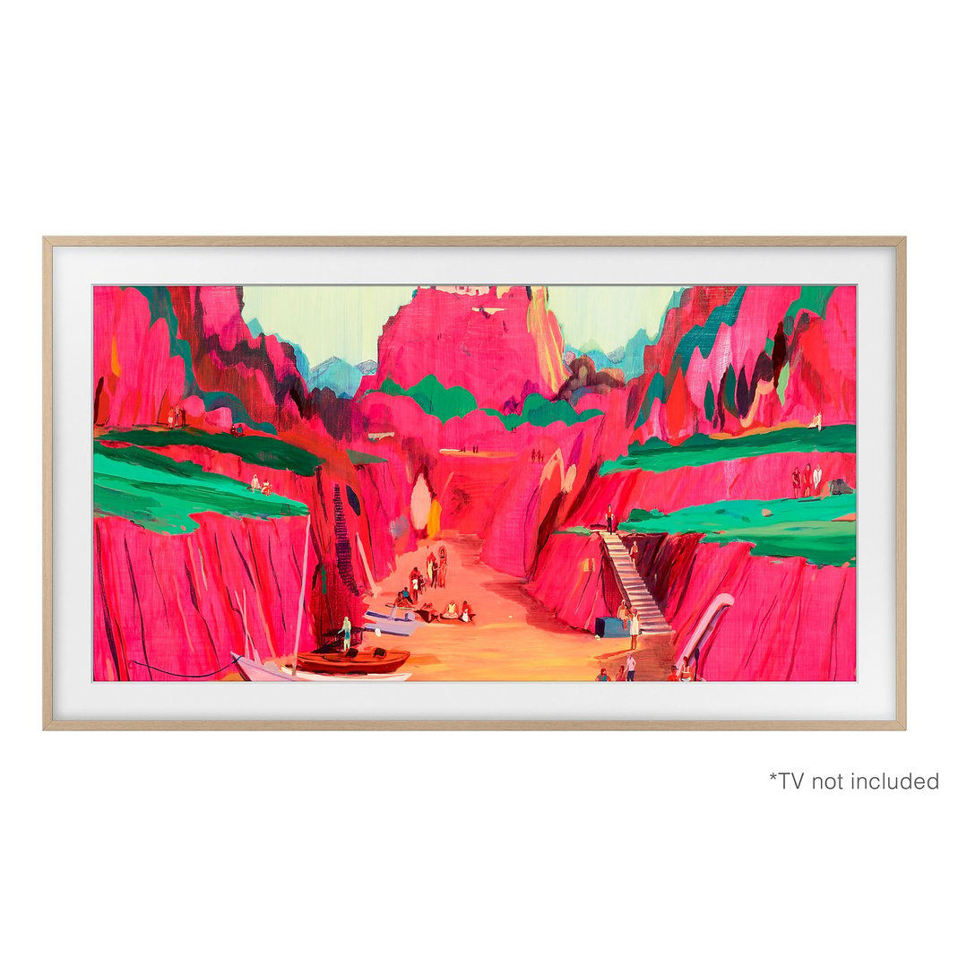 A TV with a teak bezel displaying a vibrant painting of a landscape