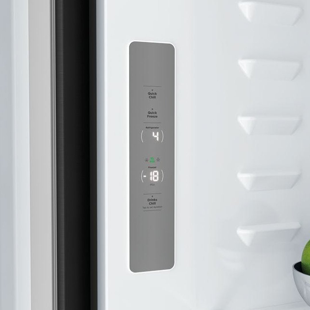 Close up of a refrigerator's internal control panel with digital display