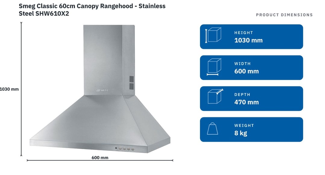 Smeg Classic 60cm Canopy Rangehood - Stainless Steel SHW610X2 — product dimensions
