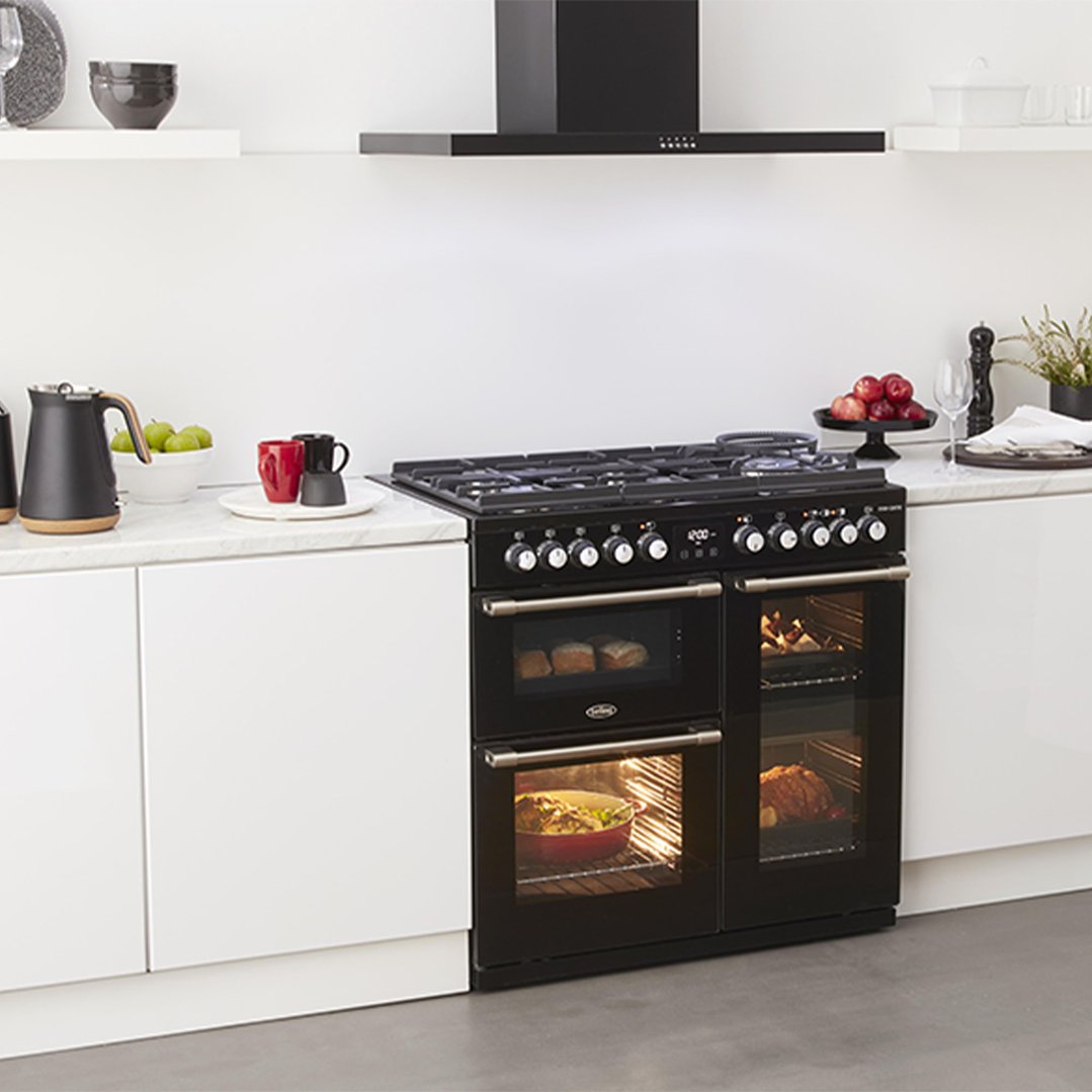 Belling CookCentre Deluxe 90cm Gas-Through-Glass Range Cooker - Black. BCC900GTGB