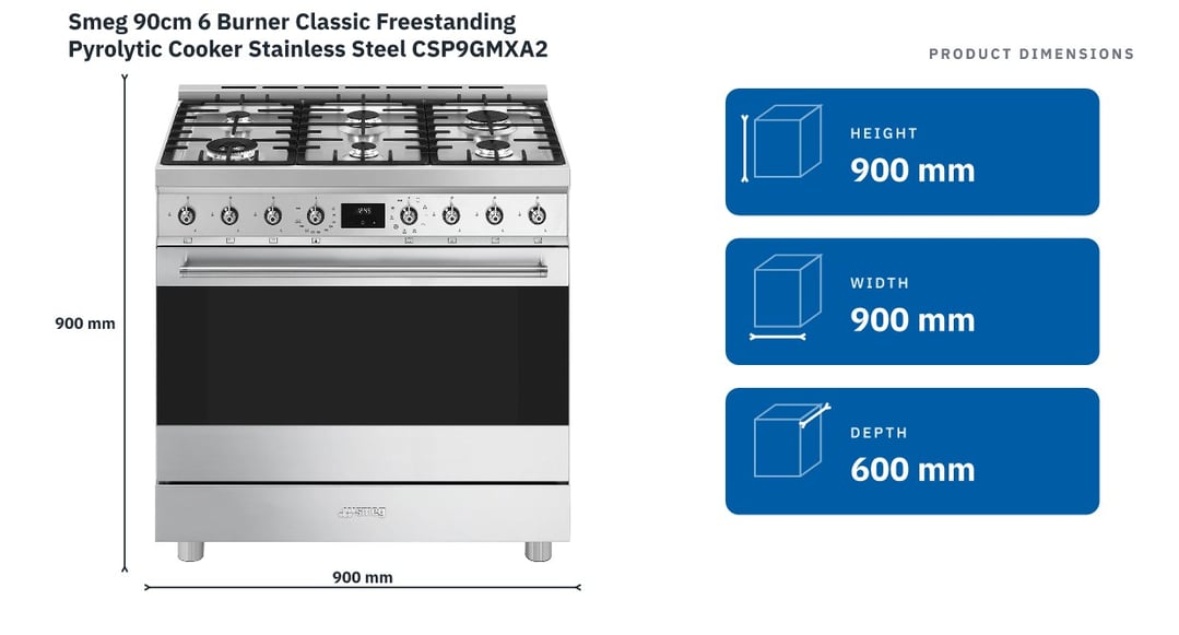 Smeg 90cm 6 Burner Classic Freestanding Pyrolytic Cooker Stainless Steel CSP9GMXA2 — product dimensions