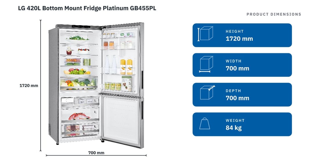 LG 420L Bottom Mount Fridge Platinum GB455PL