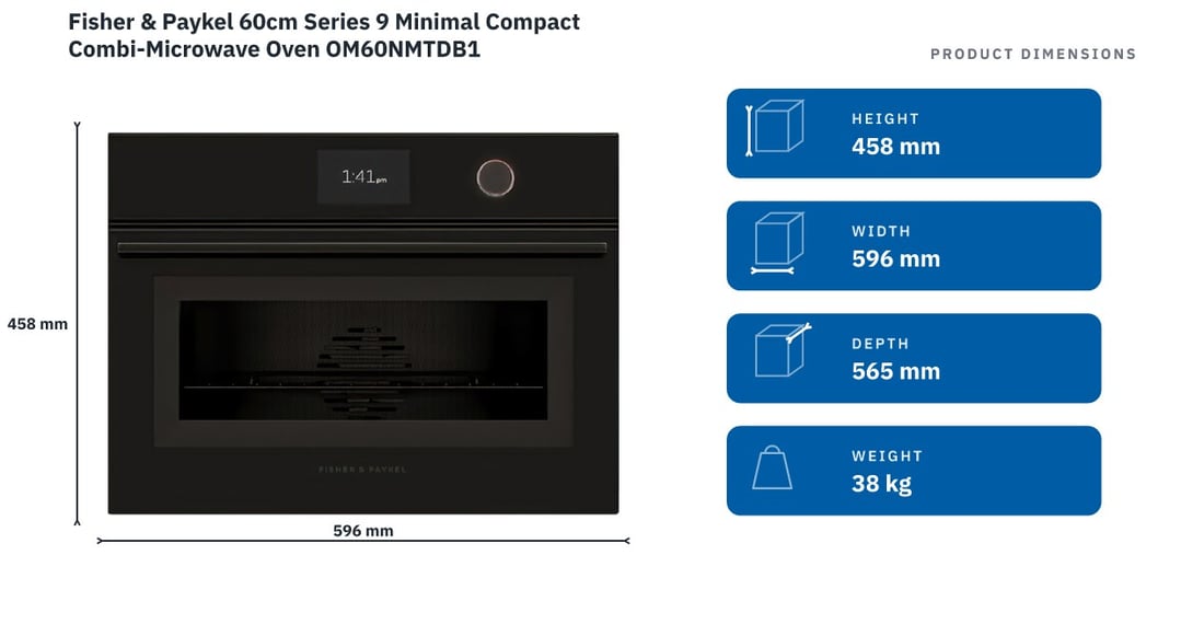 Fisher & Paykel 60cm Series 9 Minimal Compact Combi-Microwave Oven OM60NMTDB1 — product dimensions